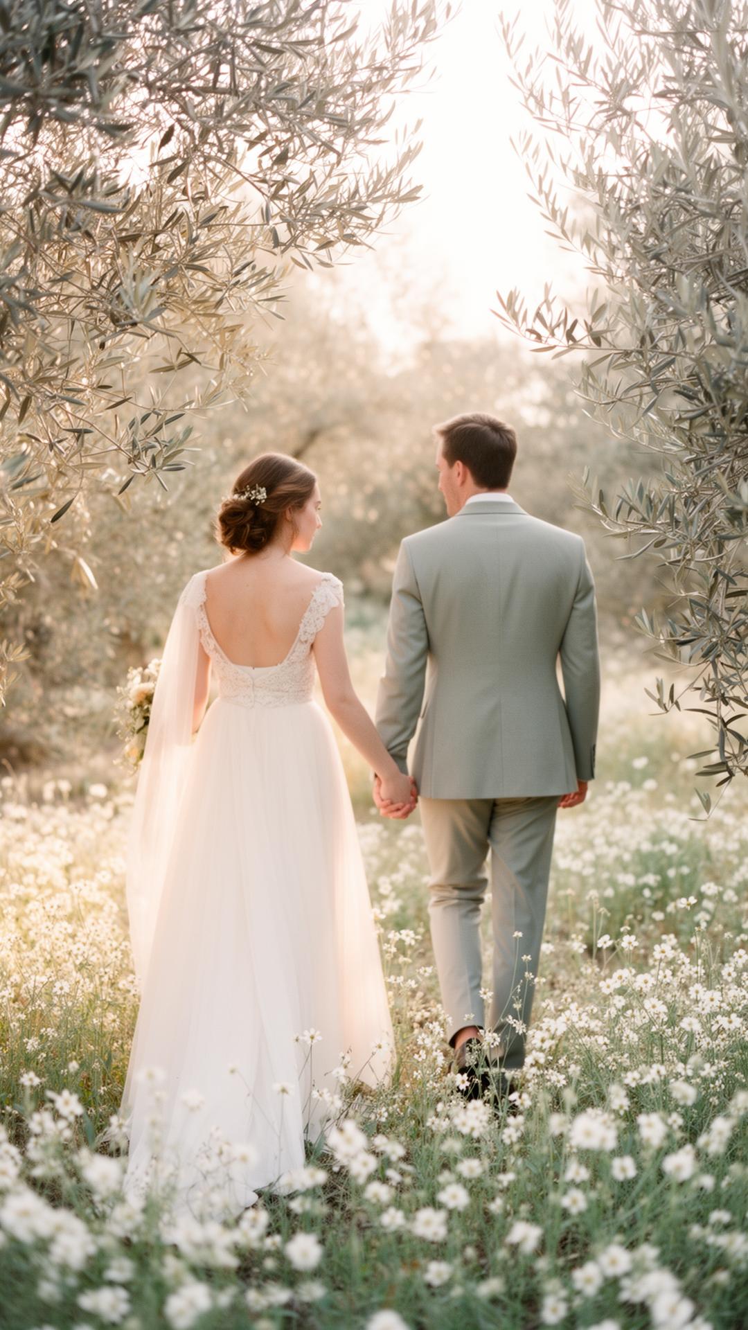 Couple walking in olive garden